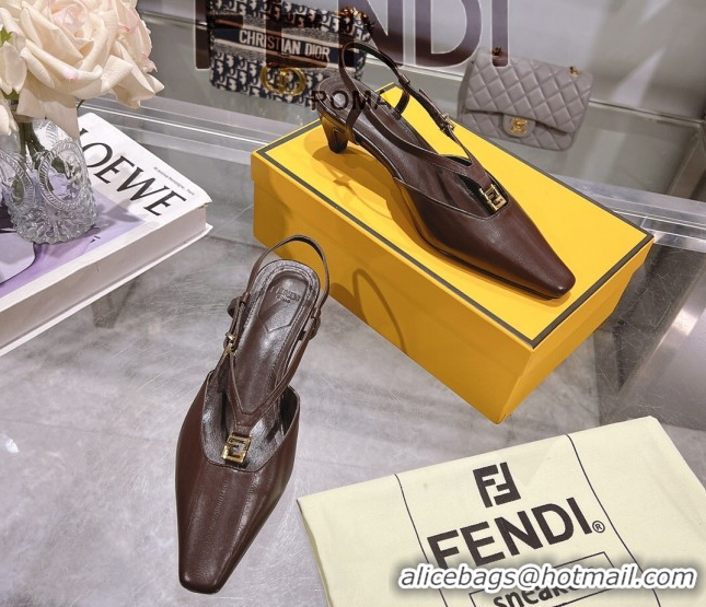 Shop Duplicate Fendi FFold Slingbacks Heeled Sandals 5cm in Eel Emboosed Leather Brown 0425148