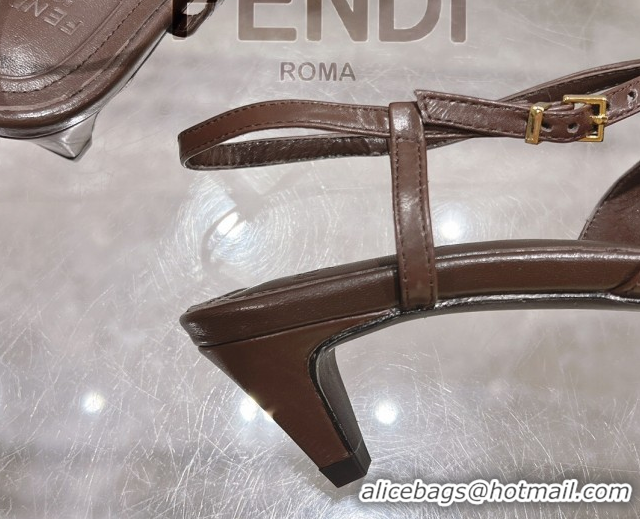 Shop Duplicate Fendi FFold Slingbacks Heeled Sandals 5cm in Eel Emboosed Leather Brown 0425148