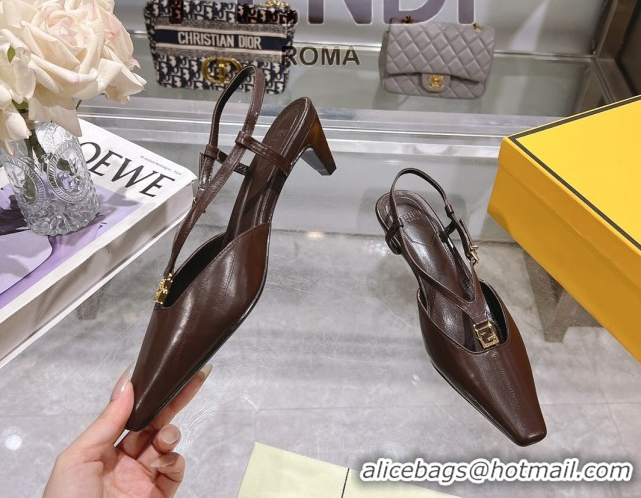 Shop Duplicate Fendi FFold Slingbacks Heeled Sandals 5cm in Eel Emboosed Leather Brown 0425148