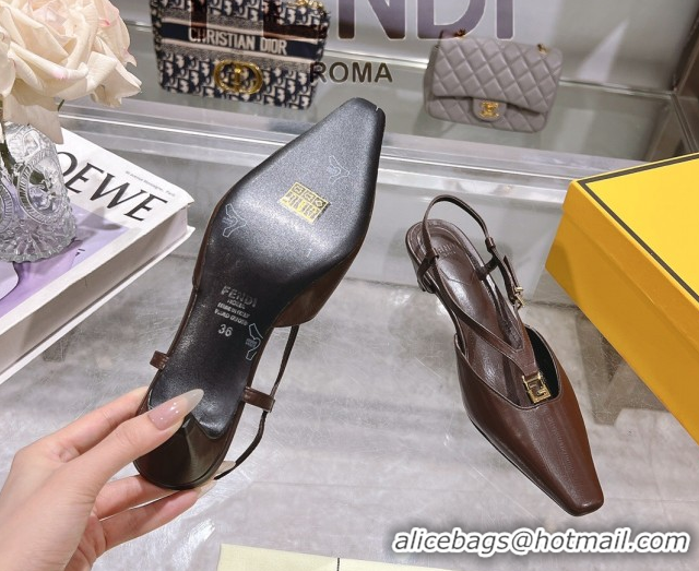Shop Duplicate Fendi FFold Slingbacks Heeled Sandals 5cm in Eel Emboosed Leather Brown 0425148
