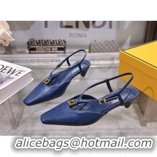 Unique Style Fendi FFold Slingbacks Heeled Sandals 5cm in Eel Emboosed Leather Navy Blue 0425149