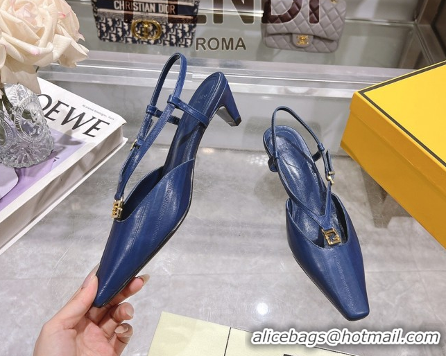 Unique Style Fendi FFold Slingbacks Heeled Sandals 5cm in Eel Emboosed Leather Navy Blue 0425149