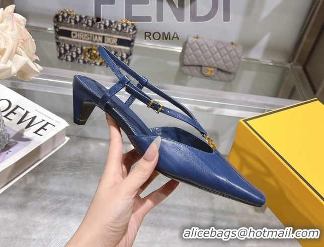 Unique Style Fendi FFold Slingbacks Heeled Sandals 5cm in Eel Emboosed Leather Navy Blue 0425149