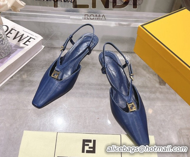 Unique Style Fendi FFold Slingbacks Heeled Sandals 5cm in Eel Emboosed Leather Navy Blue 0425149
