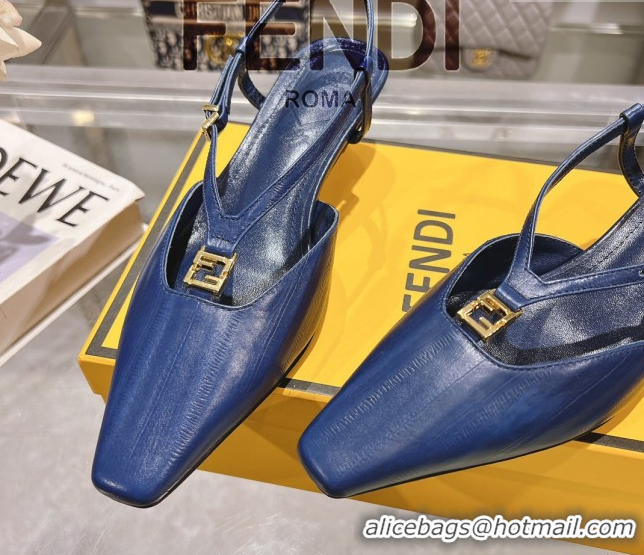 Unique Style Fendi FFold Slingbacks Heeled Sandals 5cm in Eel Emboosed Leather Navy Blue 0425149