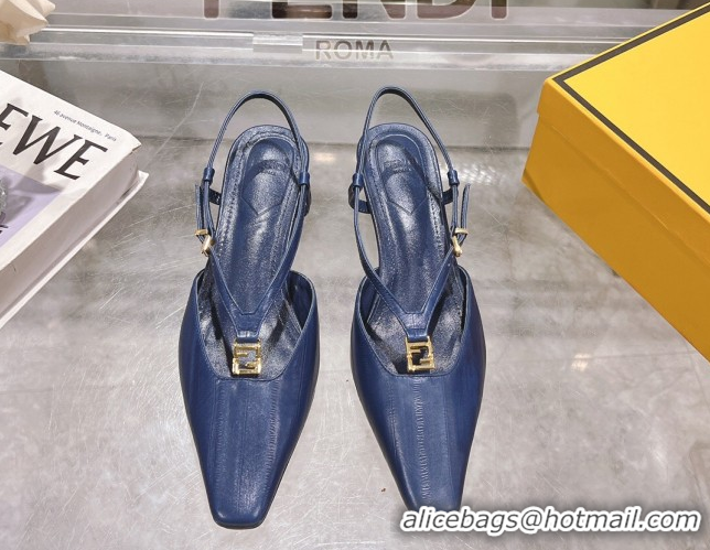 Unique Style Fendi FFold Slingbacks Heeled Sandals 5cm in Eel Emboosed Leather Navy Blue 0425149