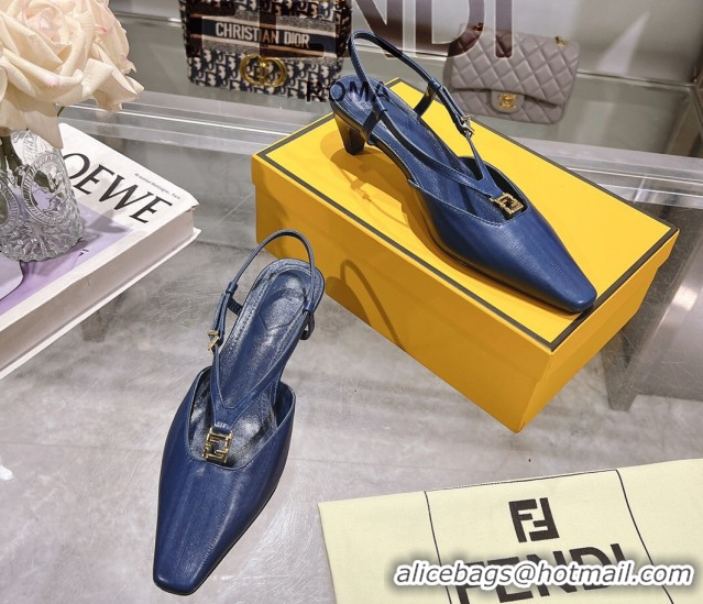 Unique Style Fendi FFold Slingbacks Heeled Sandals 5cm in Eel Emboosed Leather Navy Blue 0425149