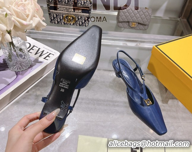 Unique Style Fendi FFold Slingbacks Heeled Sandals 5cm in Eel Emboosed Leather Navy Blue 0425149