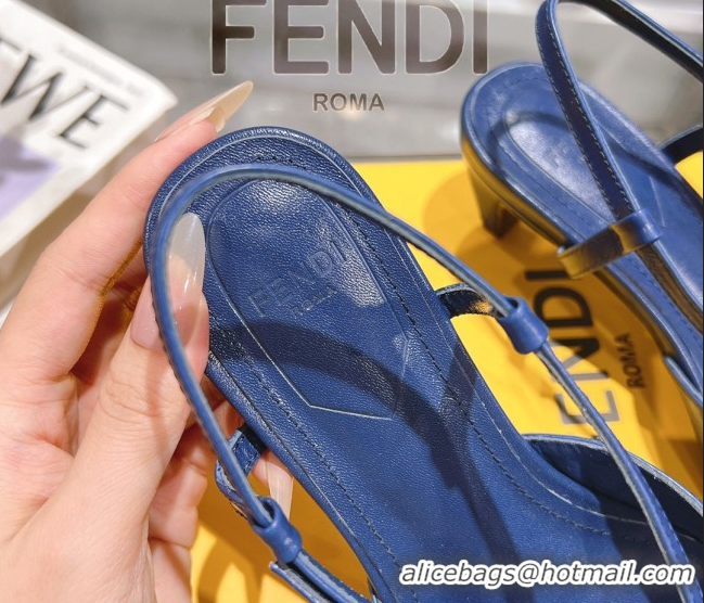 Unique Style Fendi FFold Slingbacks Heeled Sandals 5cm in Eel Emboosed Leather Navy Blue 0425149