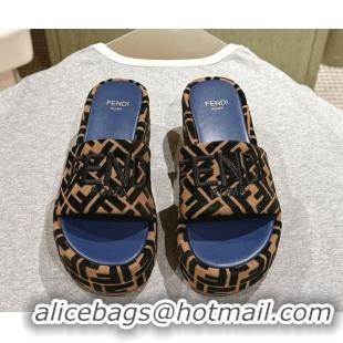 Good Looking Fendi Sunshine Platform Slides Sandal 6cm in FF Fabric Navy Blue 0426001