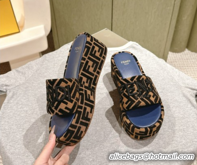 Good Looking Fendi Sunshine Platform Slides Sandal 6cm in FF Fabric Navy Blue 0426001
