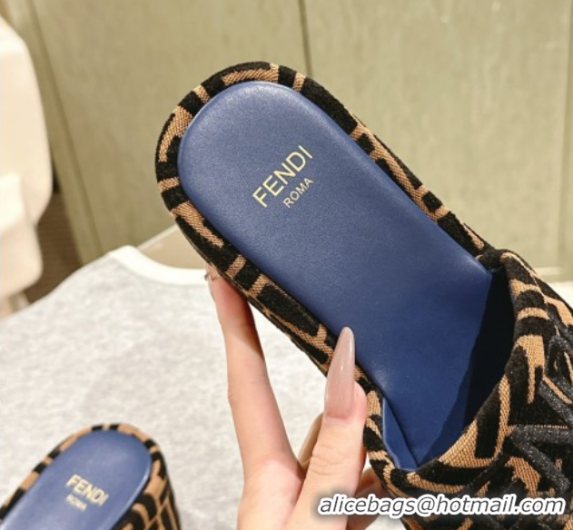 Good Looking Fendi Sunshine Platform Slides Sandal 6cm in FF Fabric Navy Blue 0426001