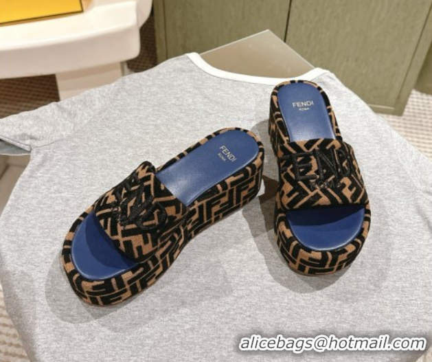 Good Looking Fendi Sunshine Platform Slides Sandal 6cm in FF Fabric Navy Blue 0426001