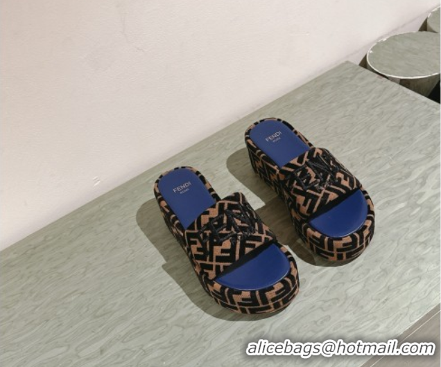 Good Looking Fendi Sunshine Platform Slides Sandal 6cm in FF Fabric Navy Blue 0426001