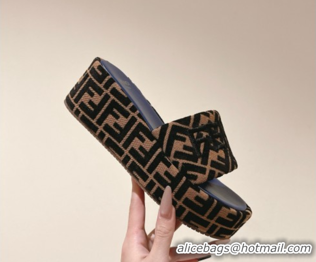 Good Looking Fendi Sunshine Platform Slides Sandal 6cm in FF Fabric Navy Blue 0426001