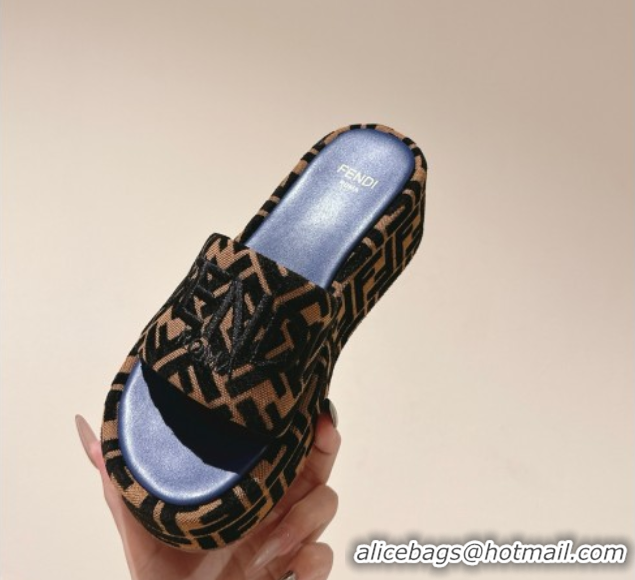Good Looking Fendi Sunshine Platform Slides Sandal 6cm in FF Fabric Navy Blue 0426001