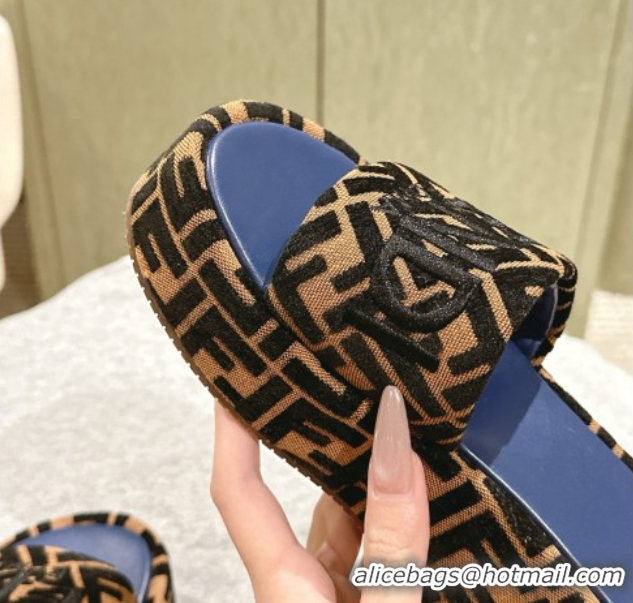 Good Looking Fendi Sunshine Platform Slides Sandal 6cm in FF Fabric Navy Blue 0426001