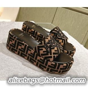 Good Product Fendi Sunshine Platform Slides Sandal 6cm in FF Fabric Brown 0426002