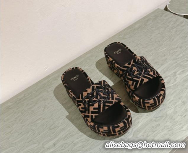 Good Product Fendi Sunshine Platform Slides Sandal 6cm in FF Fabric Brown 0426002