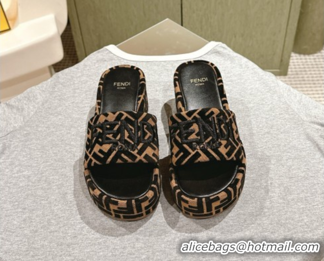 Good Product Fendi Sunshine Platform Slides Sandal 6cm in FF Fabric Brown 0426002
