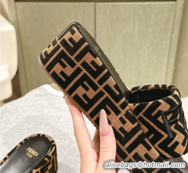 Good Product Fendi Sunshine Platform Slides Sandal 6cm in FF Fabric Brown 0426002