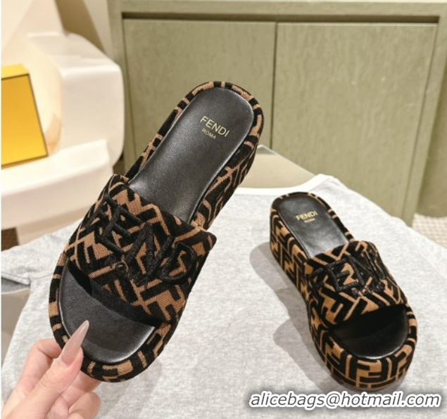 Good Product Fendi Sunshine Platform Slides Sandal 6cm in FF Fabric Brown 0426002