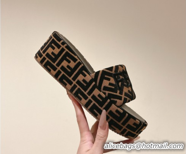 Good Product Fendi Sunshine Platform Slides Sandal 6cm in FF Fabric Brown 0426002