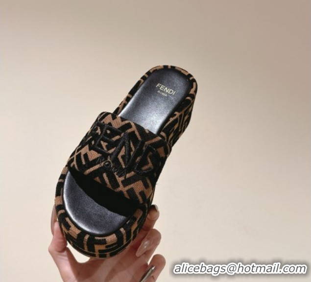 Good Product Fendi Sunshine Platform Slides Sandal 6cm in FF Fabric Brown 0426002