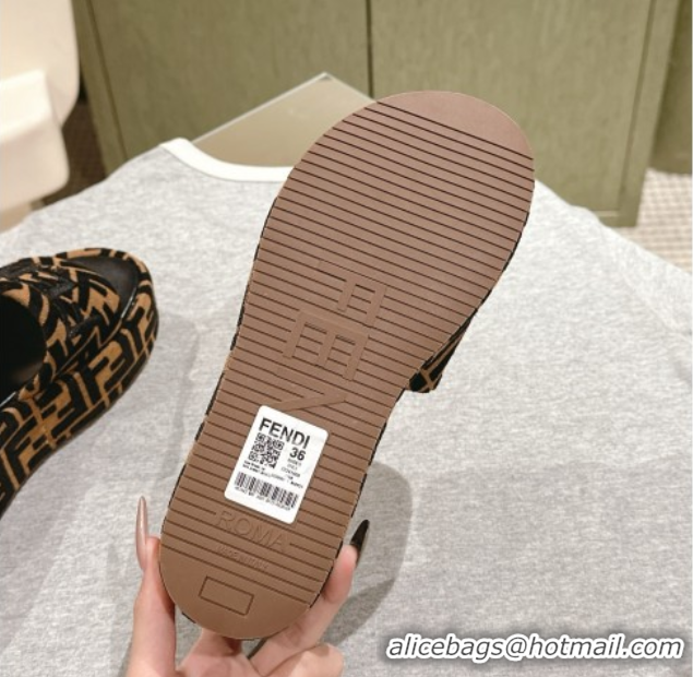Good Product Fendi Sunshine Platform Slides Sandal 6cm in FF Fabric Brown 0426002
