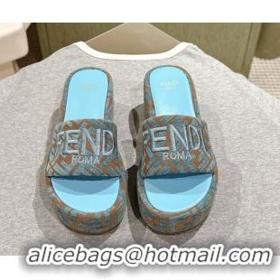 Luxury Discount Fendi Sunshine Platform Slides Sandal 6cm in FF Fabric Light Blue 0426003