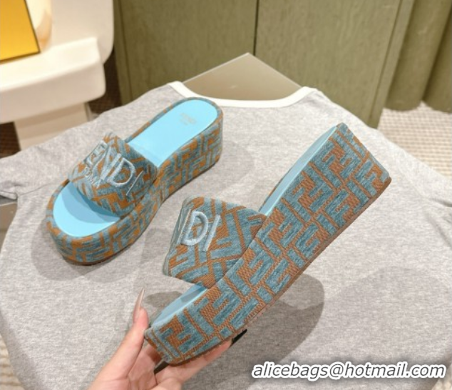 Luxury Discount Fendi Sunshine Platform Slides Sandal 6cm in FF Fabric Light Blue 0426003
