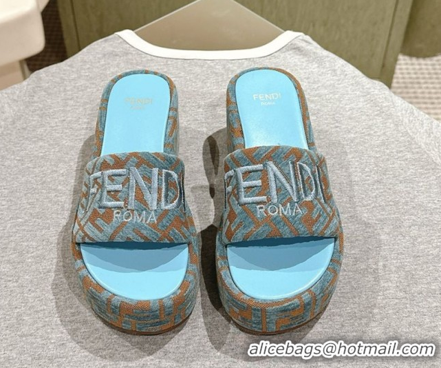 Luxury Discount Fendi Sunshine Platform Slides Sandal 6cm in FF Fabric Light Blue 0426003