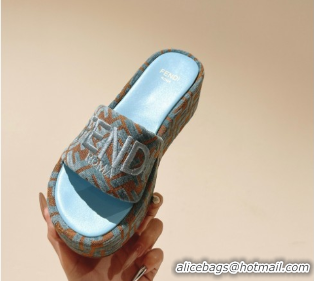 Luxury Discount Fendi Sunshine Platform Slides Sandal 6cm in FF Fabric Light Blue 0426003