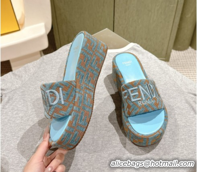 Luxury Discount Fendi Sunshine Platform Slides Sandal 6cm in FF Fabric Light Blue 0426003