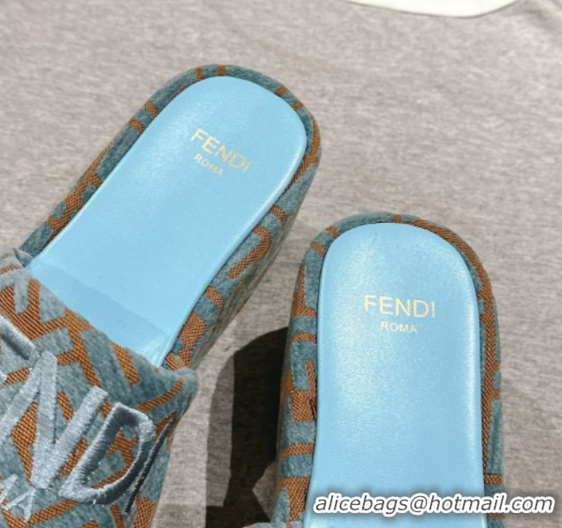 Luxury Discount Fendi Sunshine Platform Slides Sandal 6cm in FF Fabric Light Blue 0426003