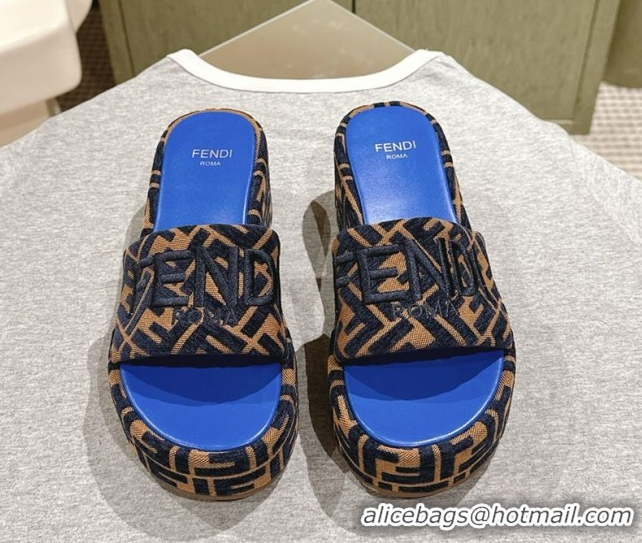 Luxury Fendi Sunshine Platform Slides Sandal 6cm in FF Fabric Sky Blue 0426004