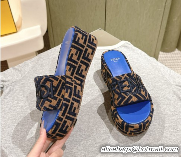 Luxury Fendi Sunshine Platform Slides Sandal 6cm in FF Fabric Sky Blue 0426004
