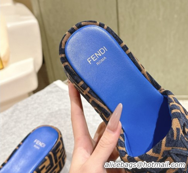 Luxury Fendi Sunshine Platform Slides Sandal 6cm in FF Fabric Sky Blue 0426004