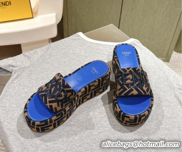 Luxury Fendi Sunshine Platform Slides Sandal 6cm in FF Fabric Sky Blue 0426004