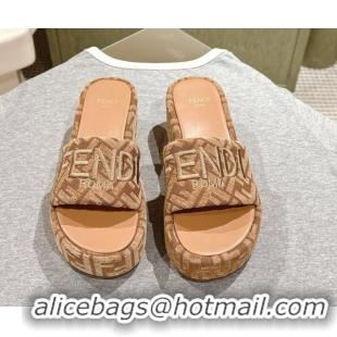Best Product Fendi Sunshine Platform Slides Sandal 6cm in FF Fabric Apricot 0426006