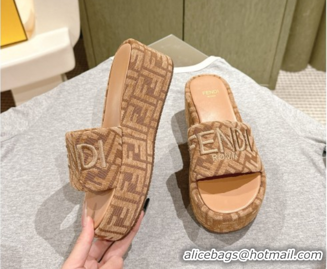 Best Product Fendi Sunshine Platform Slides Sandal 6cm in FF Fabric Apricot 0426006