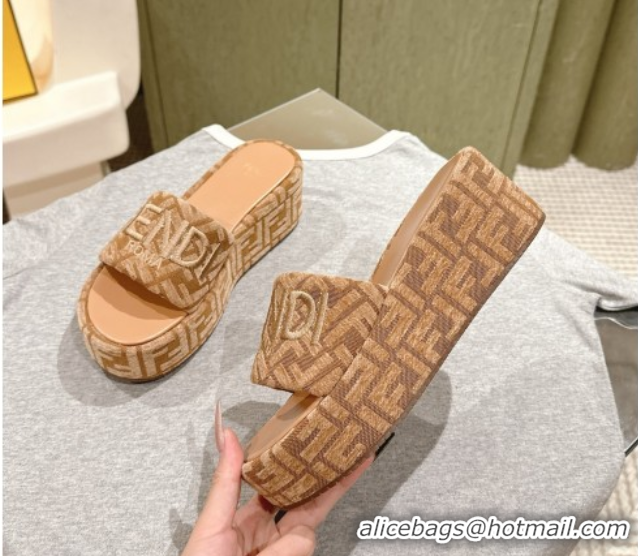 Best Product Fendi Sunshine Platform Slides Sandal 6cm in FF Fabric Apricot 0426006
