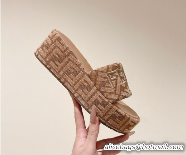 Best Product Fendi Sunshine Platform Slides Sandal 6cm in FF Fabric Apricot 0426006