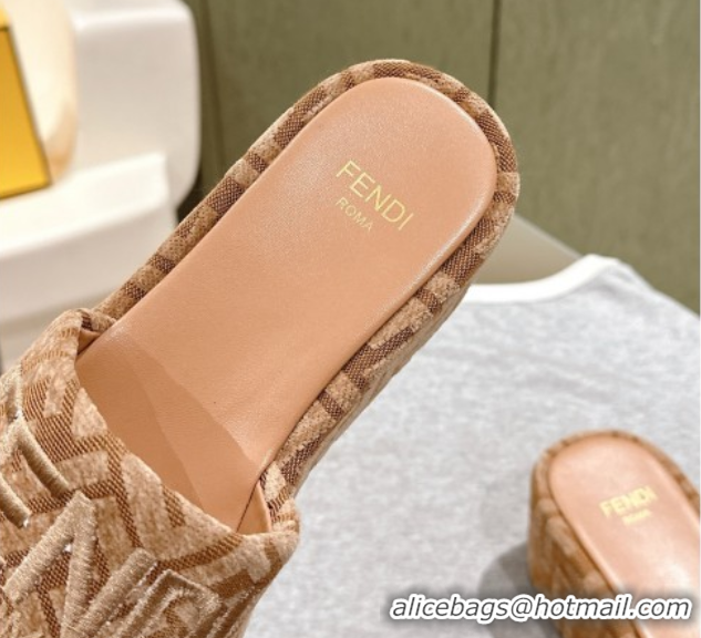 Best Product Fendi Sunshine Platform Slides Sandal 6cm in FF Fabric Apricot 0426006