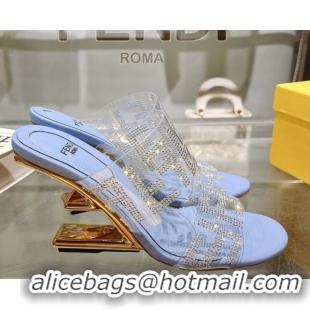 Lower Price Fendi First Heel Slides Sandal 10cm in Strass FF PVC Light Blue 0426007