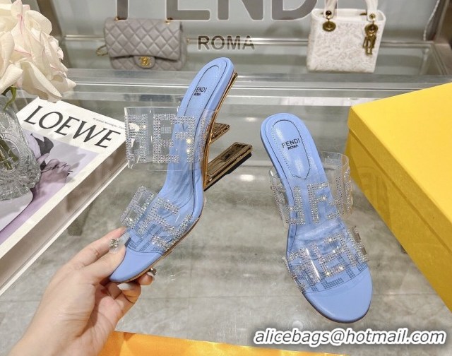Lower Price Fendi First Heel Slides Sandal 10cm in Strass FF PVC Light Blue 0426007
