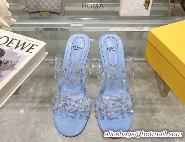 Lower Price Fendi First Heel Slides Sandal 10cm in Strass FF PVC Light Blue 0426007