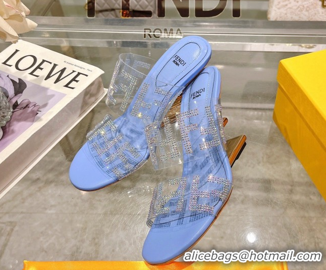 Lower Price Fendi First Heel Slides Sandal 10cm in Strass FF PVC Light Blue 0426007