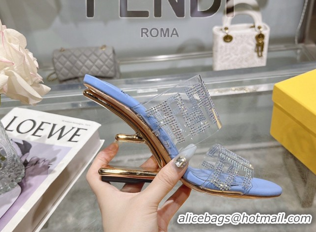 Lower Price Fendi First Heel Slides Sandal 10cm in Strass FF PVC Light Blue 0426007