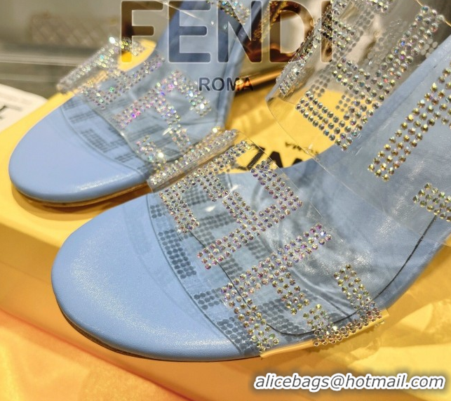 Lower Price Fendi First Heel Slides Sandal 10cm in Strass FF PVC Light Blue 0426007